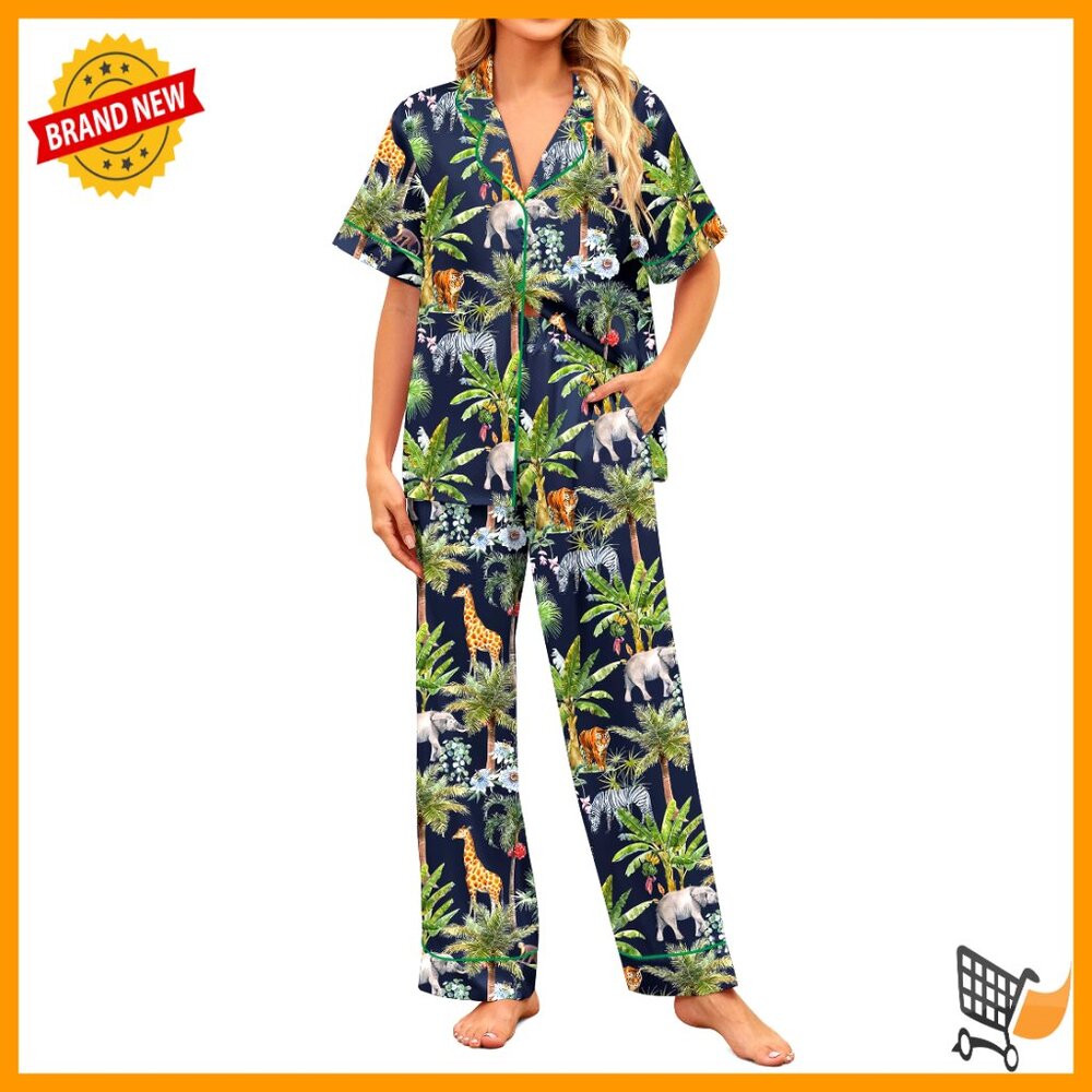Satin Pajama Set Button Down Sleepwear Print Short Sleeve Loungewear